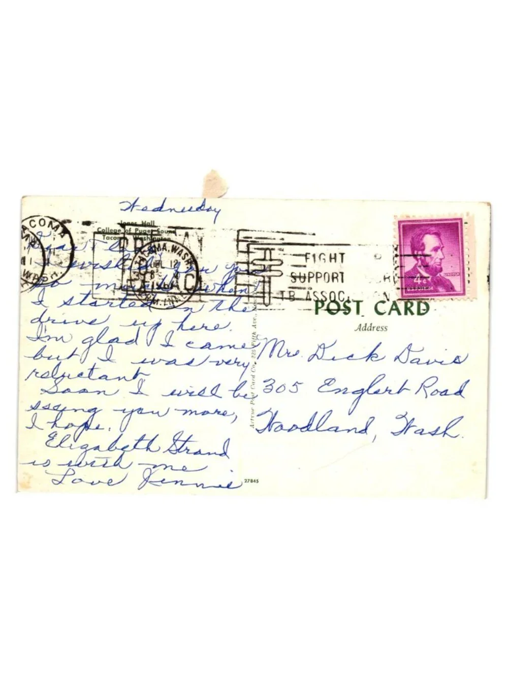 Jones Hall Postcard College Puget Sound Tacoma WA Vintage Written Mailed Stamp